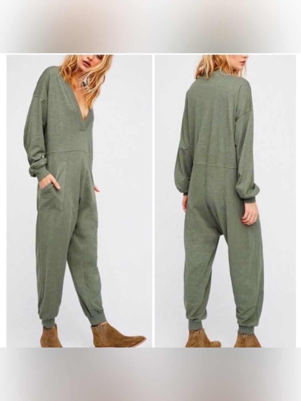 Intimately by Free People Deep V-Neck Olive Jumpsuit with Pockets